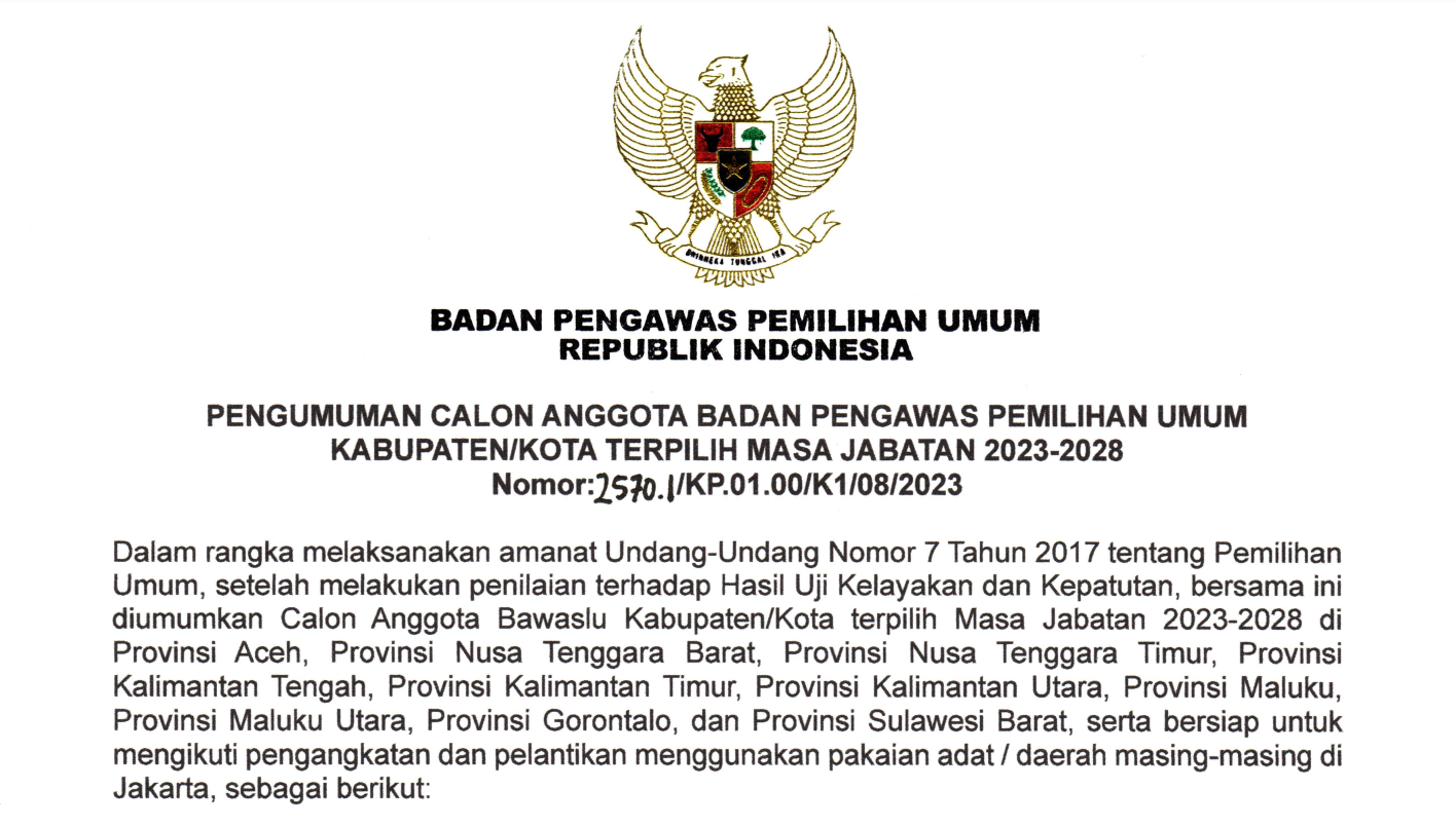 Pengumuman Calon Anggota Bawaslu Kabupaten Kota Periode 2023 - 2028 Provinsi Kalimantan TImur
