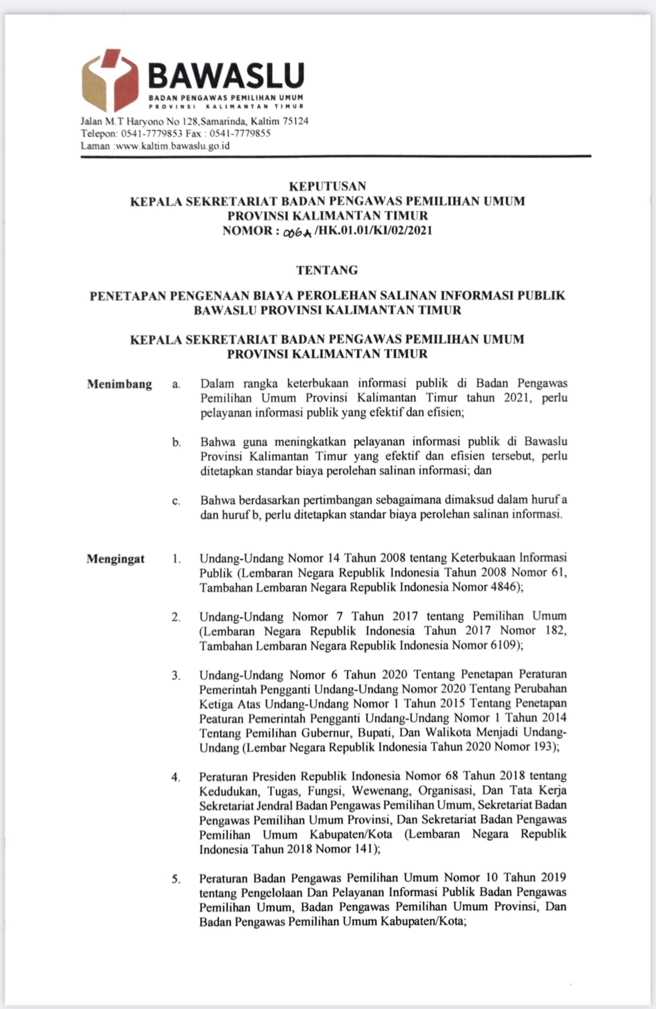Pengumuman Penetapan Biaya Perolehan Salinan Informasi Publik Bawaslu Provinsi Kalimantan Timur 