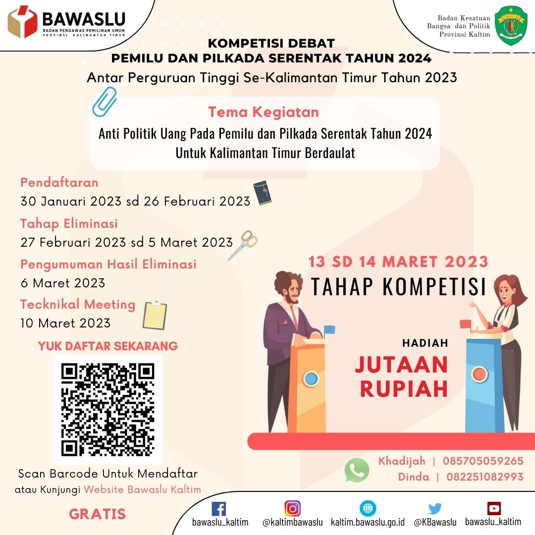 Bawaslu Kaltim Menyelenggarakan Kompetisi Debat Pemilu dan Pilkada Serentak Tahun 2024 Antar Perguruan Tinggi Se-Kaltim